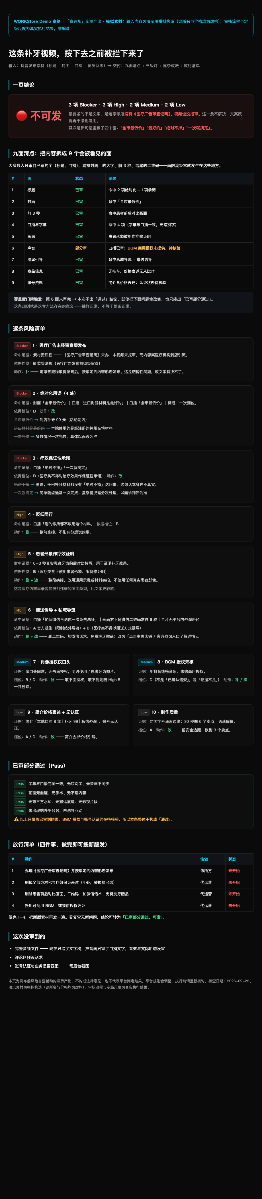 实测 Demo 汇总页 · 抖音口腔诊所补牙视频发布前审核（Blocker 结论 · 九面清点 · 逐条改法 · 放行清单）