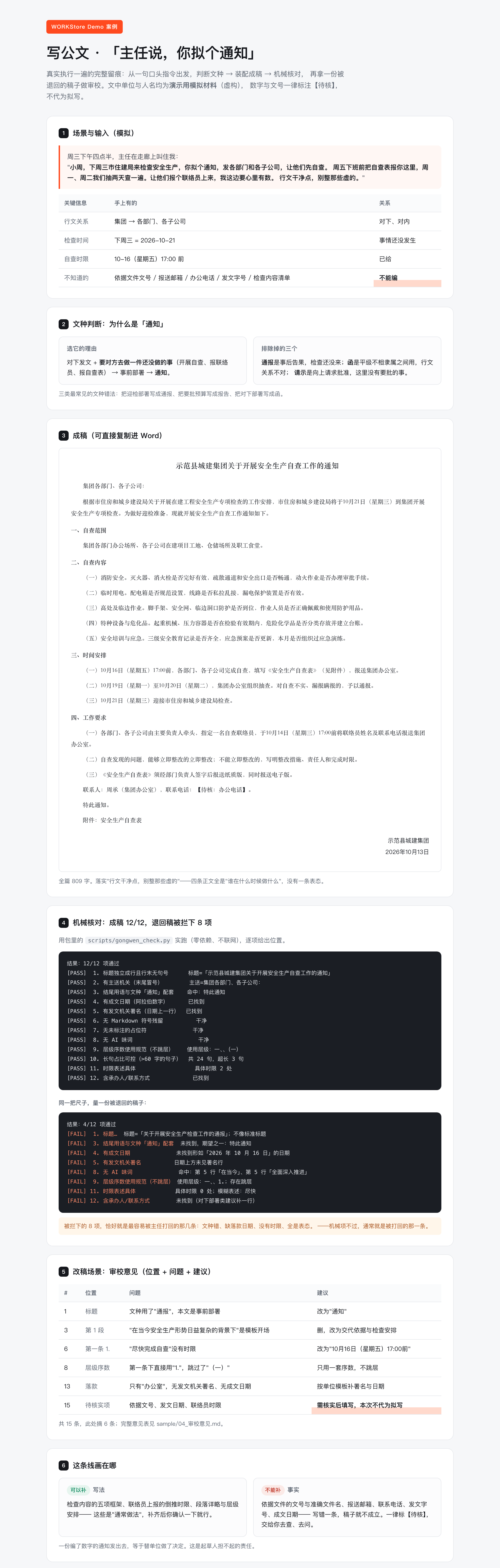 实测 Demo 汇总页 · 「主任说你拟个通知」（文种判定 · 809 字成稿 · 12/12 核对 · 退回稿拦下 8 项 · 审校意见）